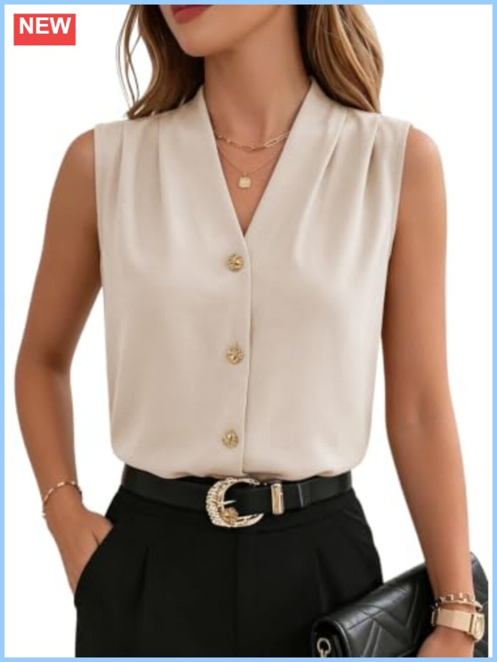 Sleeveless Button Down Blouse V-Neck Pleated Work Top